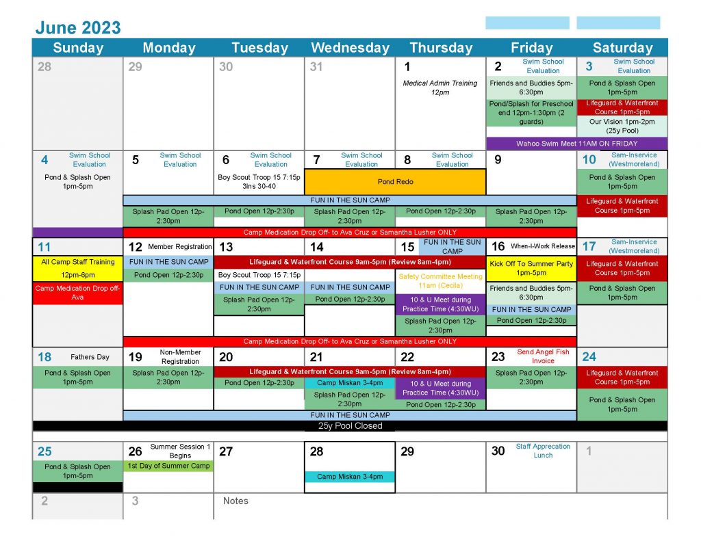 Aquatic Calendar Riverbrook Regional Ymca
